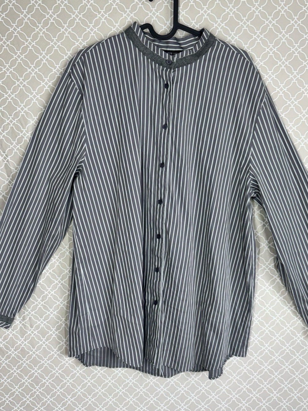 Lafayette 148 New York Striped Mandarin Collar Blouse Flannel Trim Metallic Thre